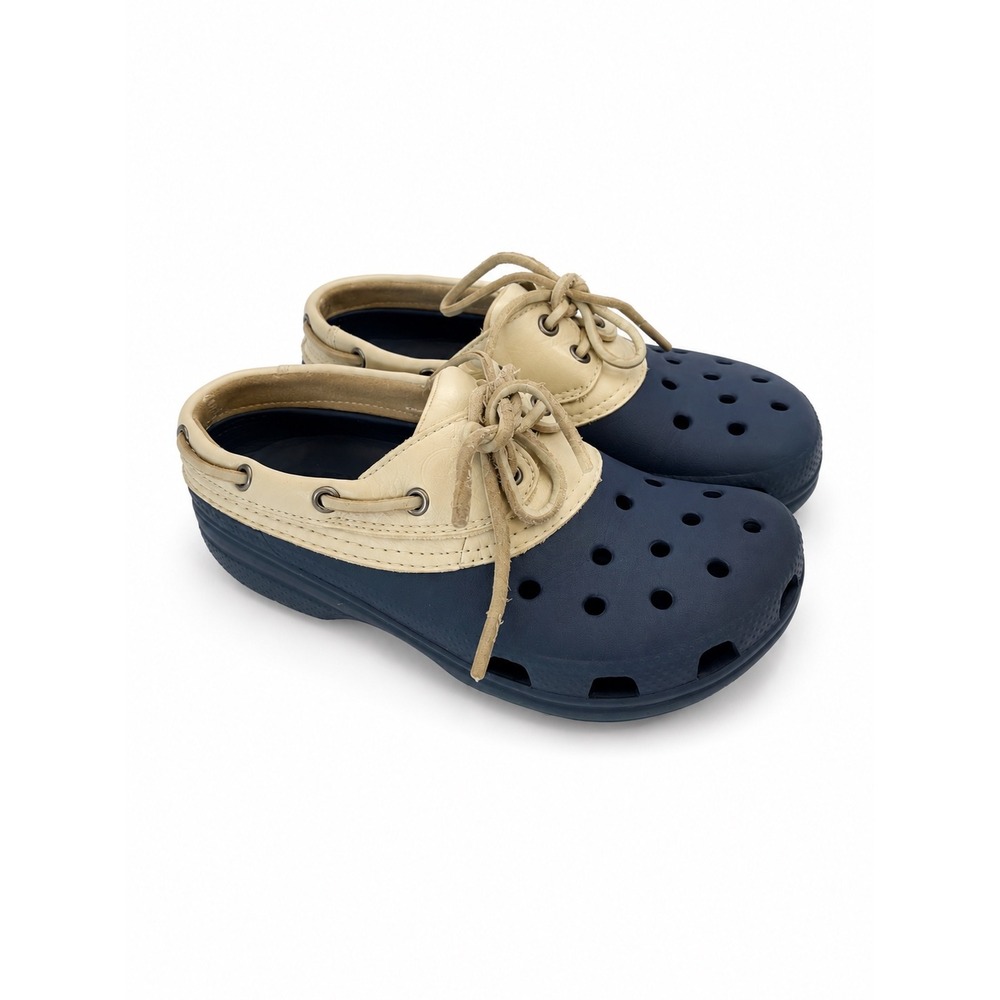 Crocs Islander Pit Crew Boat Shoes Navy Ivory Leather Lace Size 6